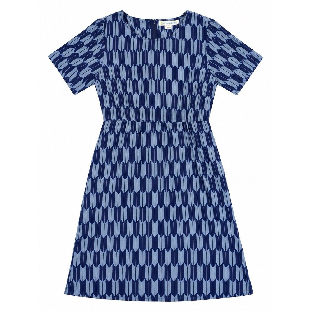 Mata Traders Blue Geometric Cotton Dress XL Embroidered Retro Fit and Flare
